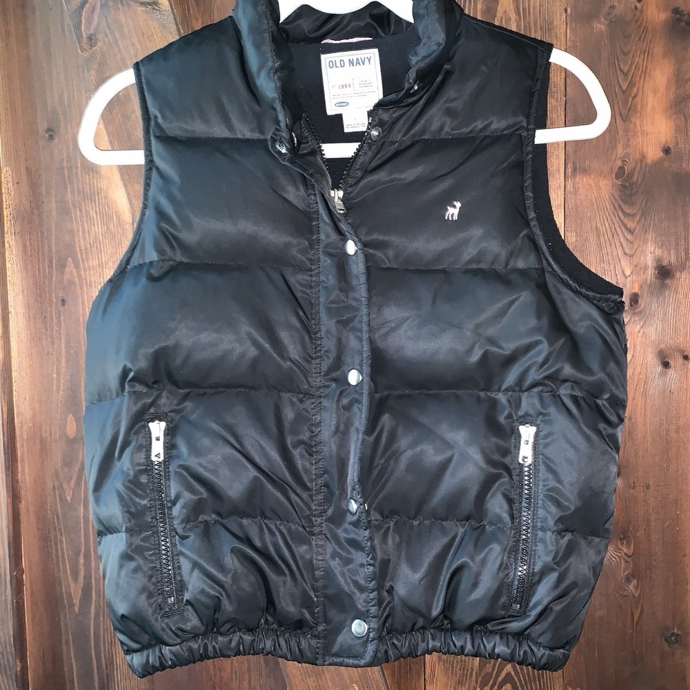 Old Navy Girls Down Puffer Vest S Black Quilted Sleeveless Pink Deer Snaps Zips‎